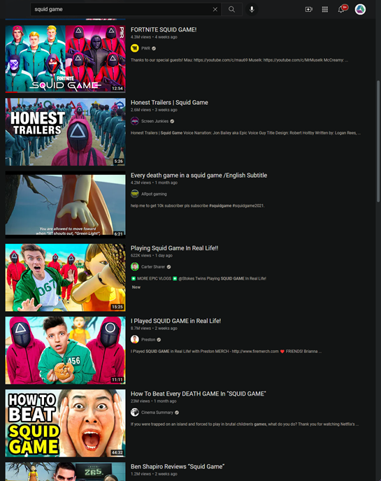 Youtube search results
